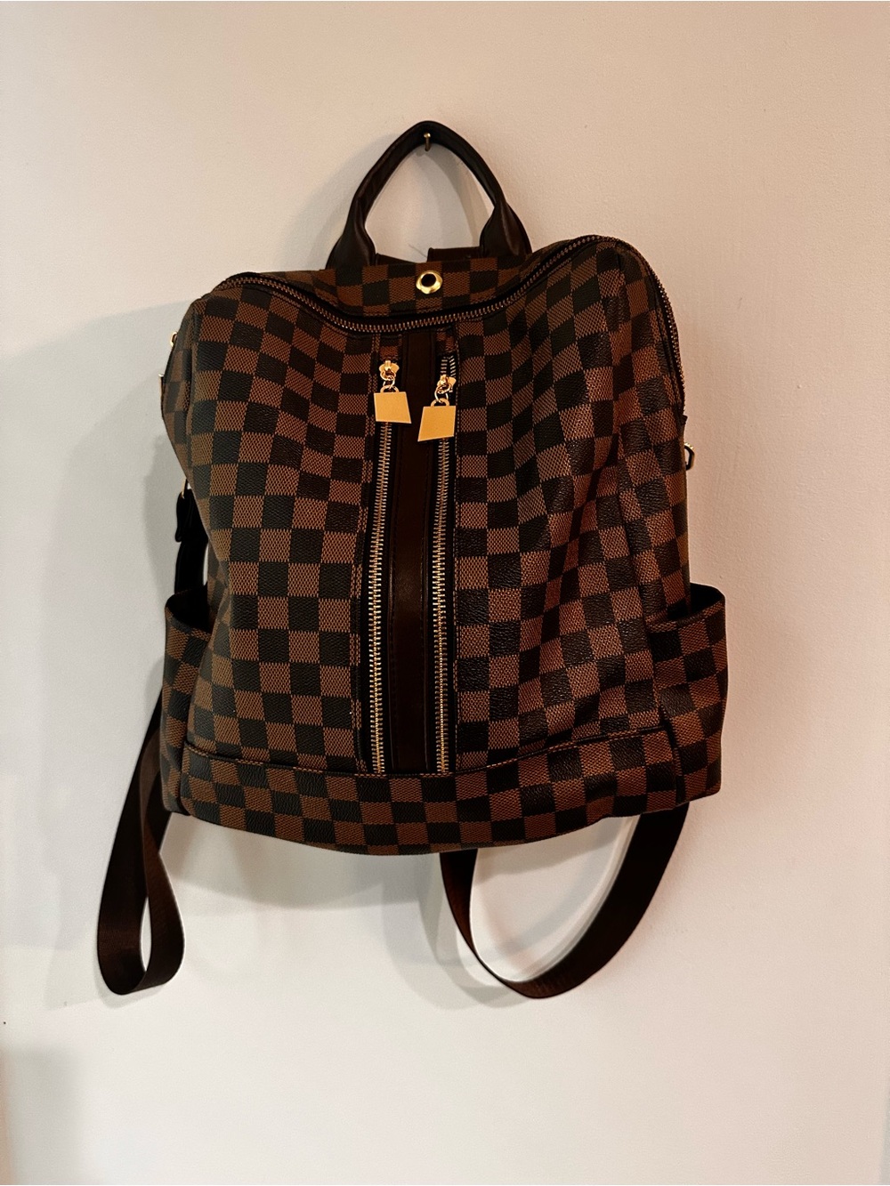 Checkerboard Brown Backpack with Gold Accents